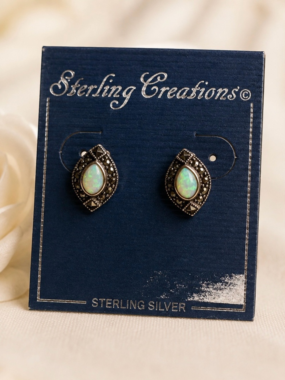 Vintage 1998 Sterling Silver Marcasite Australian Opal Earrings | Never worn!